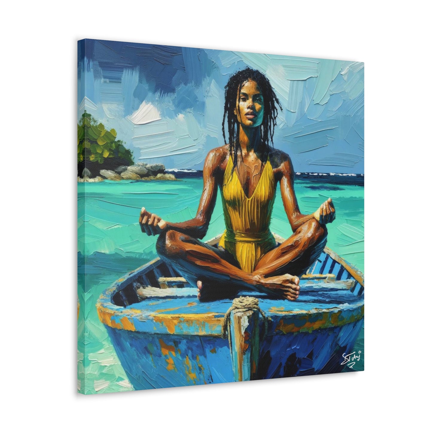 Art Print, Afro-Caribbean Woman "Chilling in the Boat (4)" Oil Finish, West Indian Ethnicity, Cultural, Heritage, Semi-Abstract, Canvas Gallery Wrap