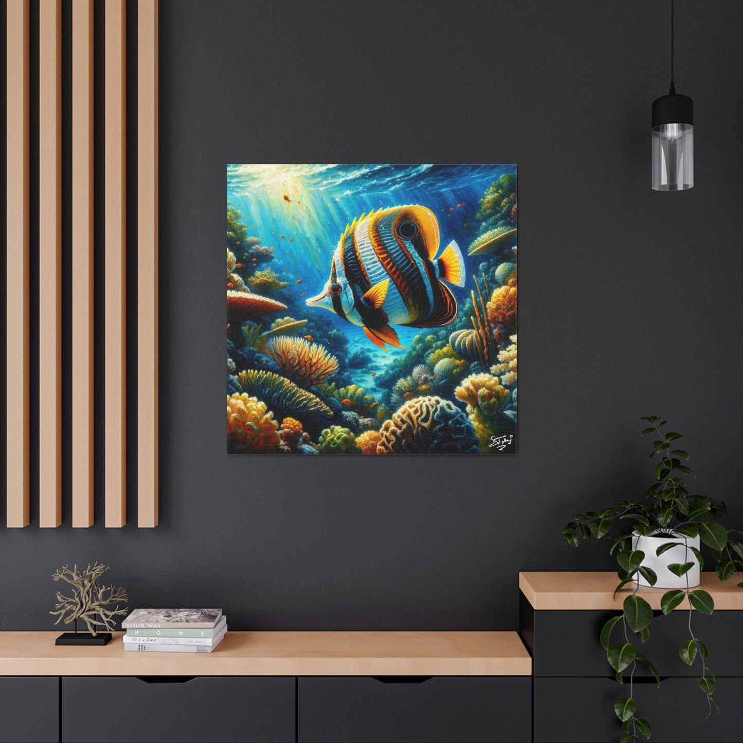 Art Print, Banded Butterflyfish in Coral Reef, Oil Finish, Caribbean Nature, Semi-Abstract, Canvas Gallery Wrap