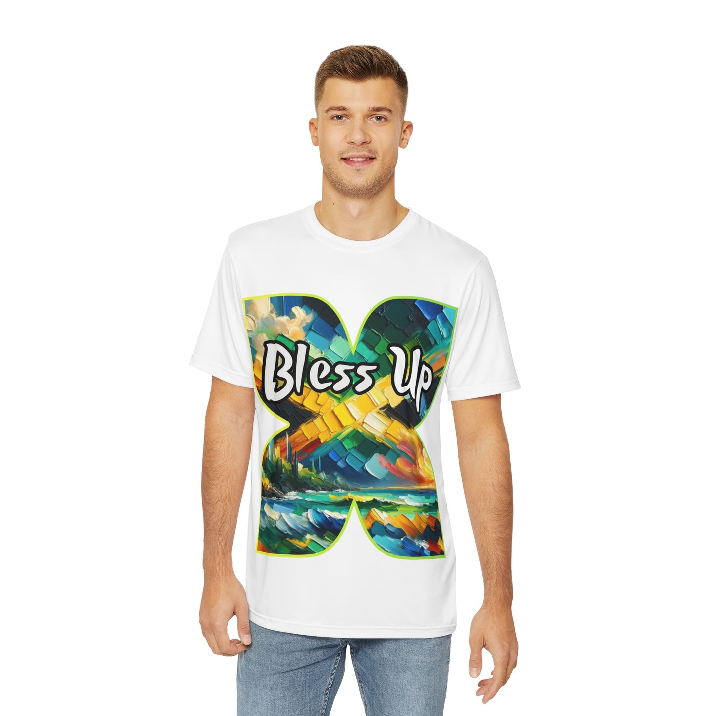 Men's Brushed Polyester Short Sleeve Tee (AOP), "Bless Up"