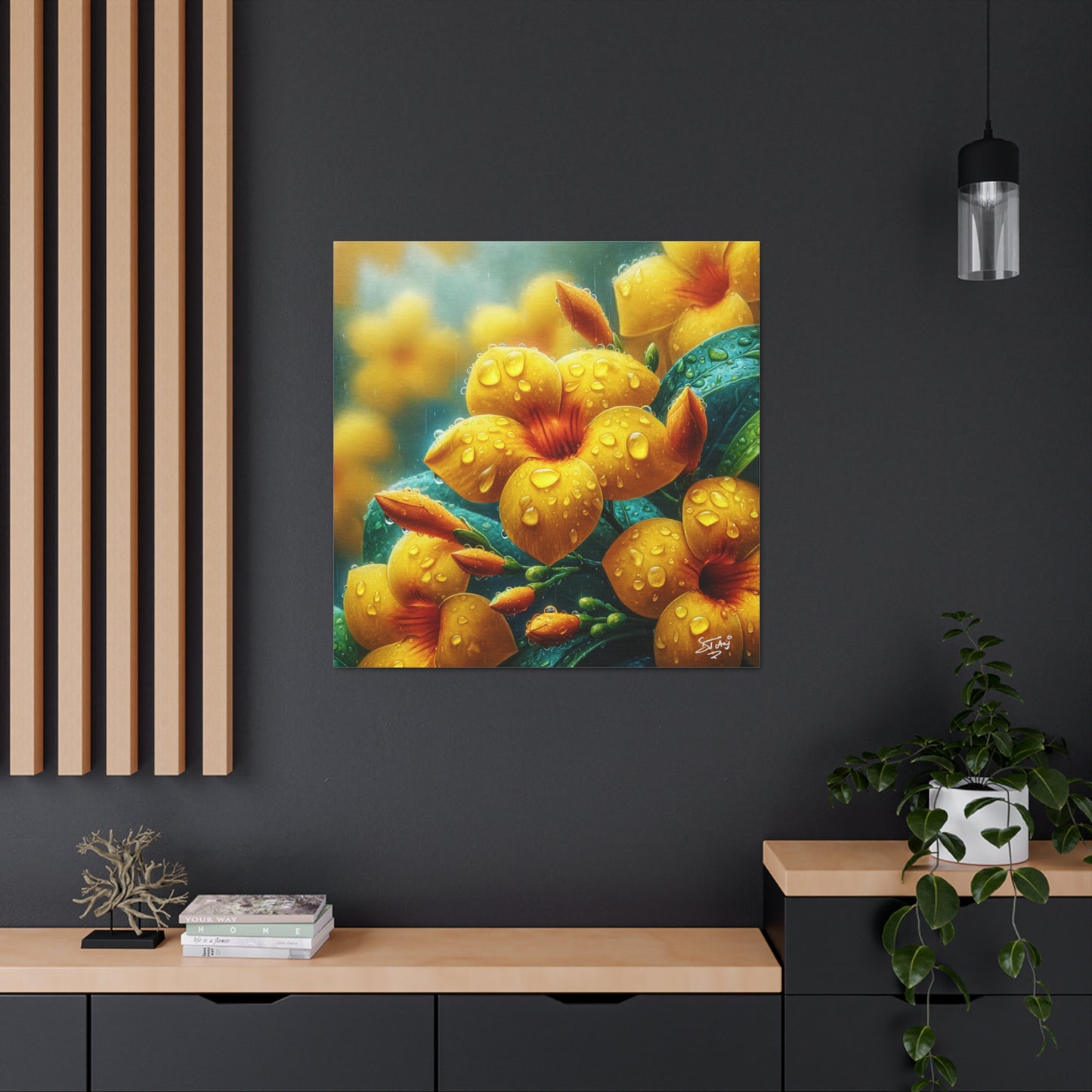 Print of Yellow Allamanda Flowers in the Rain, Oil Paint Finish, Caribbean, Tropical, Canvas Gallery Wraps