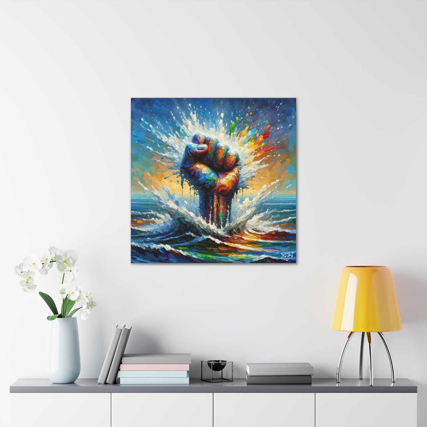 Art Print, Black Power, Oil Finish, Unity, One Love, Semi-Abstract, Canvas Gallery Wrap