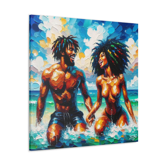 Art Print, Afro-Caribbean Couple in the Ocean, Oil Finish, West Indian Ethnicity, Cultural, Heritage, Semi-Abstract, Canvas Gallery Wrap