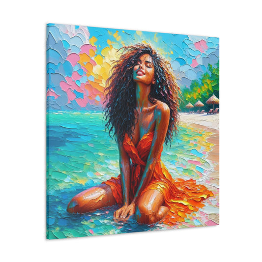 Art Print, Indo-Caribbean Woman, "Chilling on the Beach" Oil Finish, West Indian Ethnicity, Cultural, Heritage, Abstract, Canvas Gallery Wrap