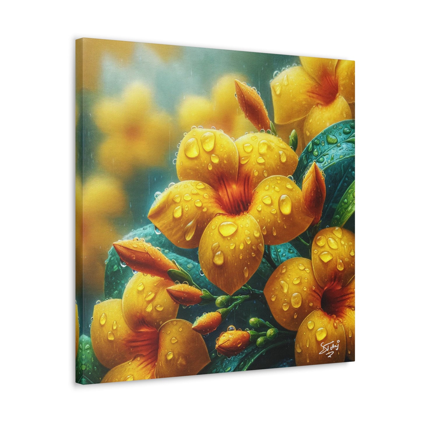 Print of Yellow Allamanda Flowers in the Rain, Oil Paint Finish, Caribbean, Tropical, Canvas Gallery Wraps