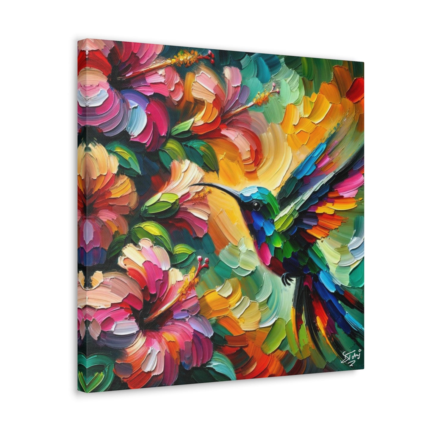 Art Print, Hummingbird on Hibiscus, Oil Finish, Caribbean Nature, Cultural, Heritage, Semi-Abstract, Canvas Gallery Wrap