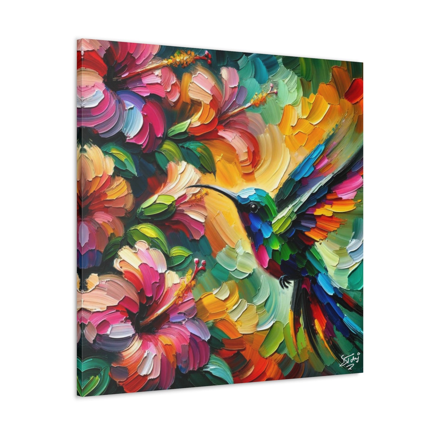 Art Print, Hummingbird on Hibiscus, Oil Finish, Caribbean Nature, Cultural, Heritage, Semi-Abstract, Canvas Gallery Wrap