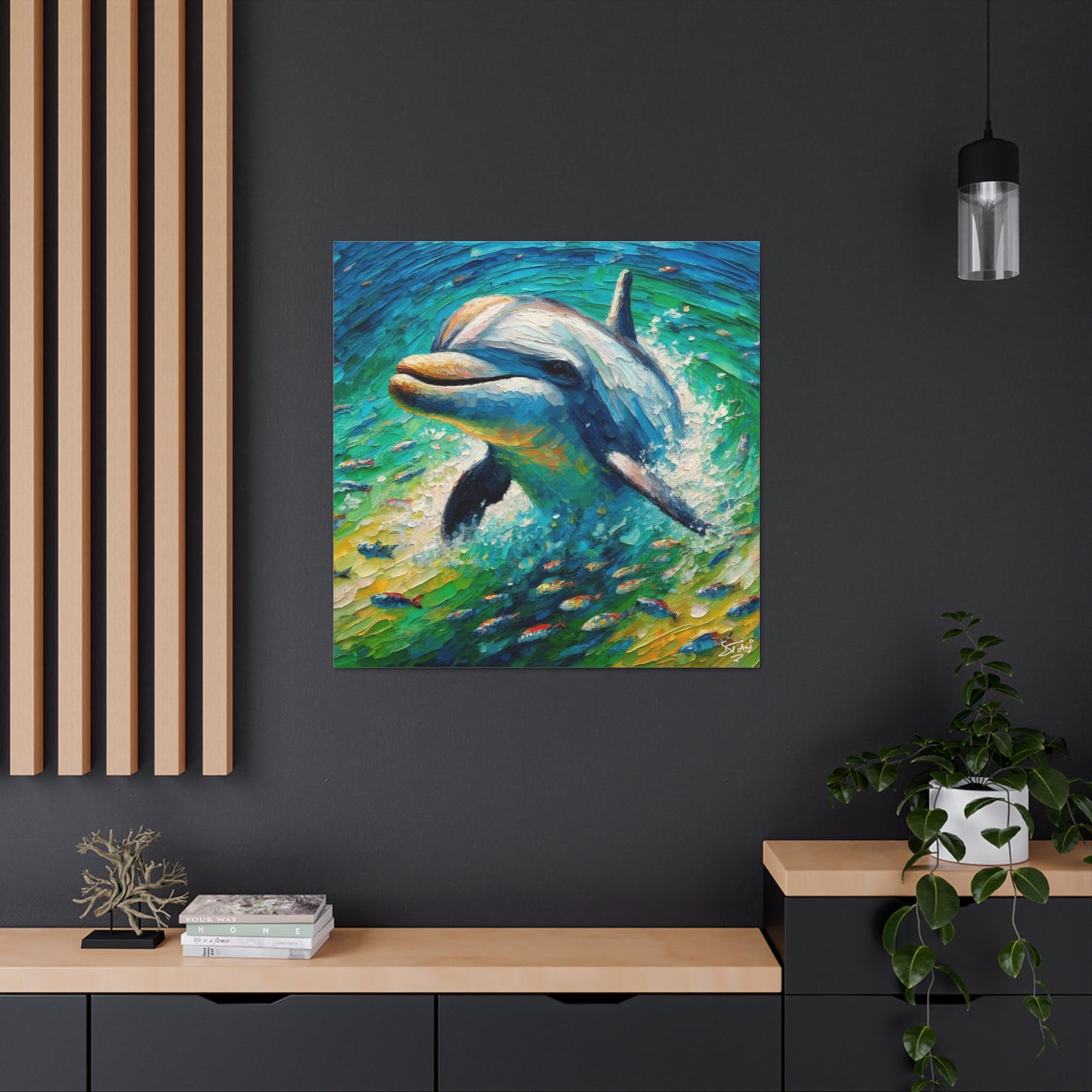 Art Print, Dolphin in the Caribbean Sea, Oil Finish, Caribbean Nature, Canvas Gallery Wrap