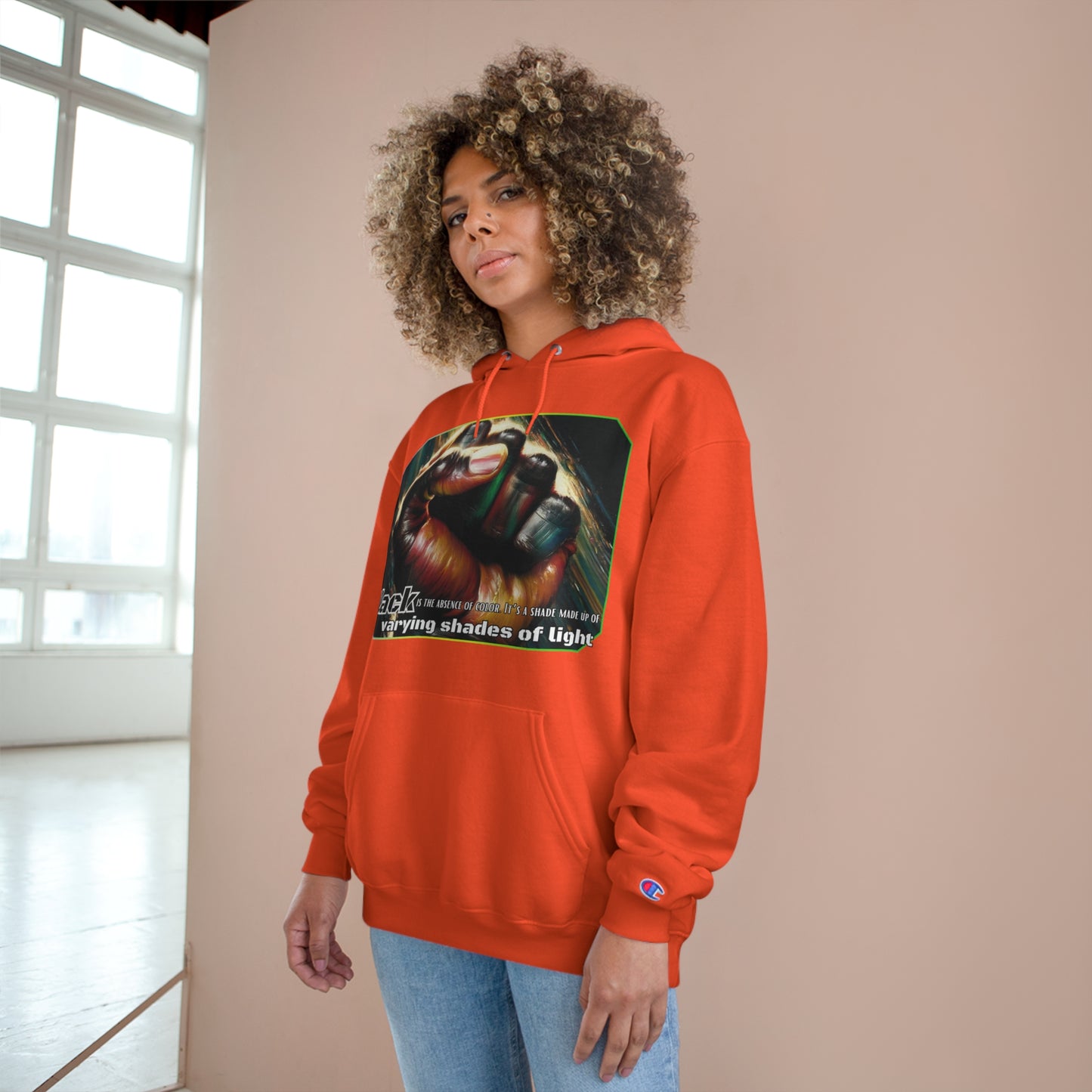 Champion Hoodie, "Black is the Absence of Color..." Inclusion, Anti-Racism, Racial Justice, One Love, Unity, Diversity, Immigrant Outsiders, Caribbean Culture, FashionWithPurpose, ConsciousClothing, Cultural Identity, Black Inspiration Empowerment