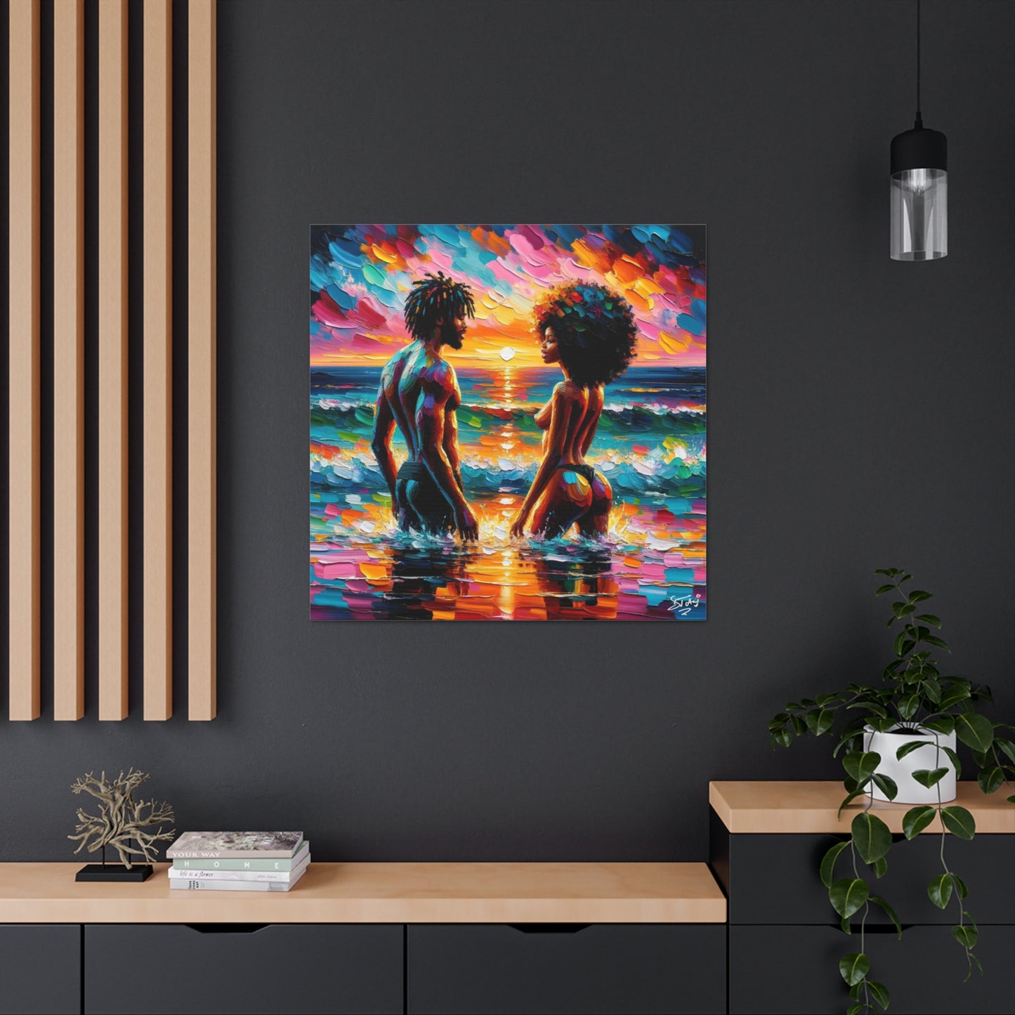 Art Print, Afro-Caribbean Couple in the Ocean, Oil Finish, West Indian Ethnicity, Cultural, Heritage, Semi-Abstract, Canvas Gallery Wrap