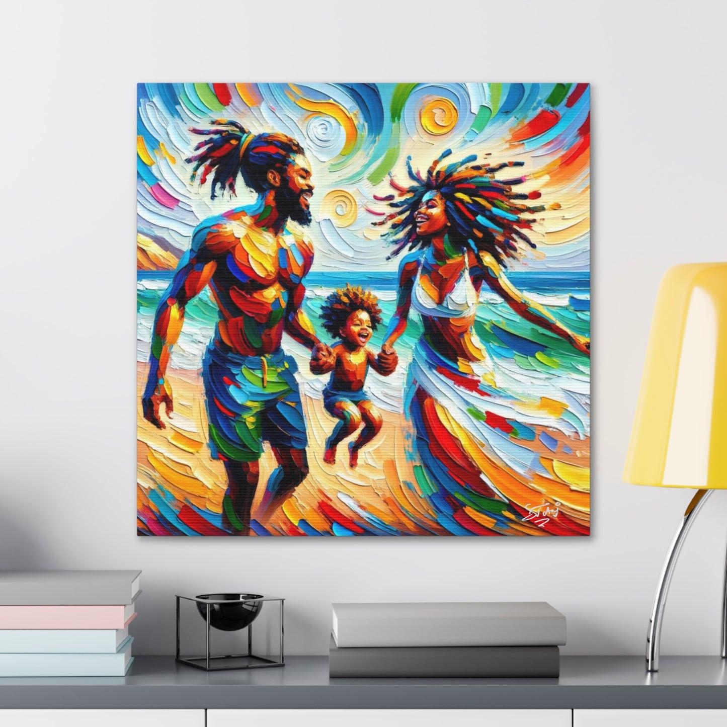 Art Print, Afro-Caribbean Family "Walking on the Beach," Oil Finish, West Indian Ethnicity, Cultural, Heritage, Semi-Abstract, Canvas Gallery Wrap