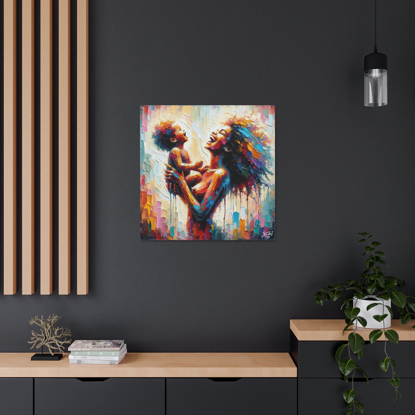 Art Print, Afro-Caribbean Woman & Child, Oil Finish, West Indian Ethnicity, Cultural, Heritage, Semi-Abstract, Canvas Gallery Wrap