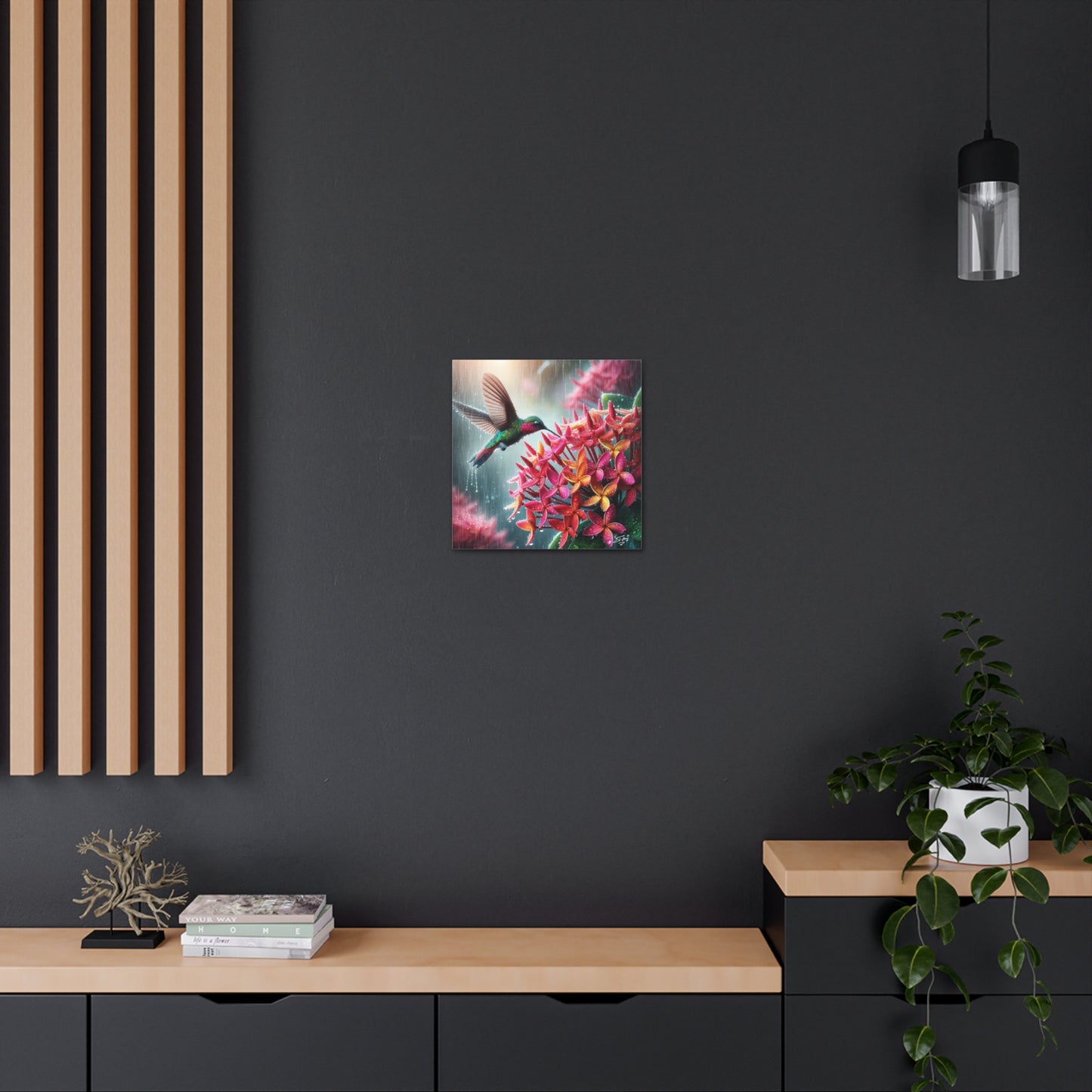 Print of Hummingbird in the Rain Hovering over Ixora Flower, Oil Paint Finish, Caribbean, Tropical, Canvas Gallery Wraps