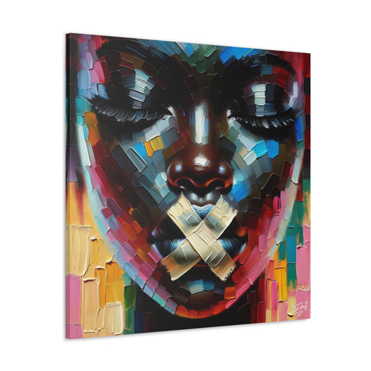 Art Print, Afro-Caribbean Woman Silenced? Oil Finish, West Indian Ethnicity, Cultural, Heritage, Semi-Abstract, Canvas Gallery Wrap