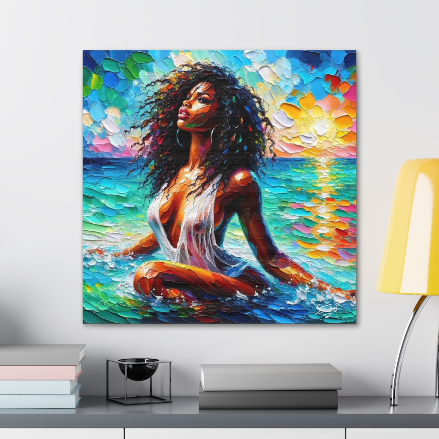 Art Print, Afro-Caribbean Woman, "Sea Bath" Abstract, Oil Finish, West Indian Ethnicity, Cultural, Heritage, Abstract, Canvas Gallery Wrap