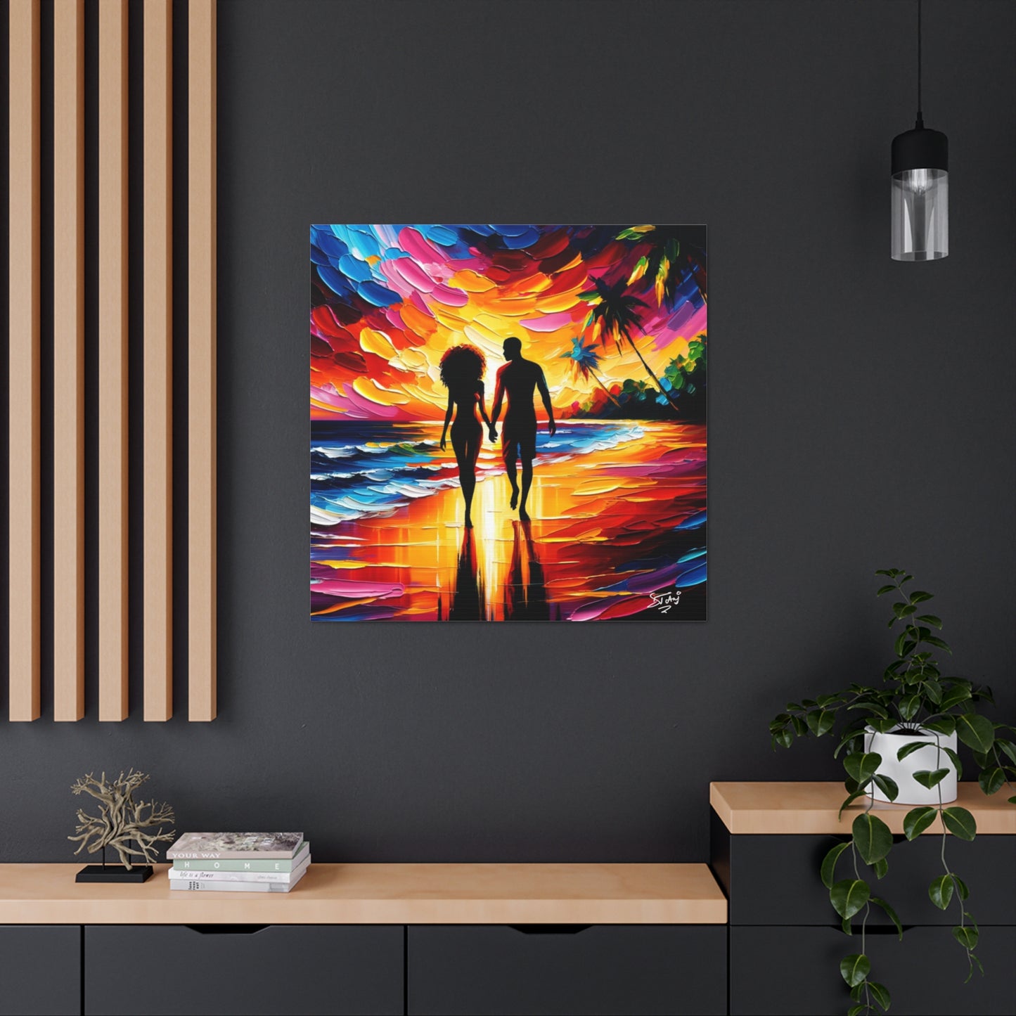 Art Print, Caribbean Couple, "Walking on the Beach" Semi-Abstract Oil Finish, West Indian Ethnicity, Cultural, Heritage, Abstract, Canvas Gallery Wrap