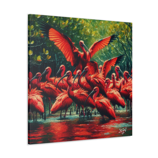 Art Print#3, Scarlet Ibises in Their Natural Mangrove Habitat in Trinidad and Tobago, Caribbean, West Indian Art, Canvas Gallery Wraps