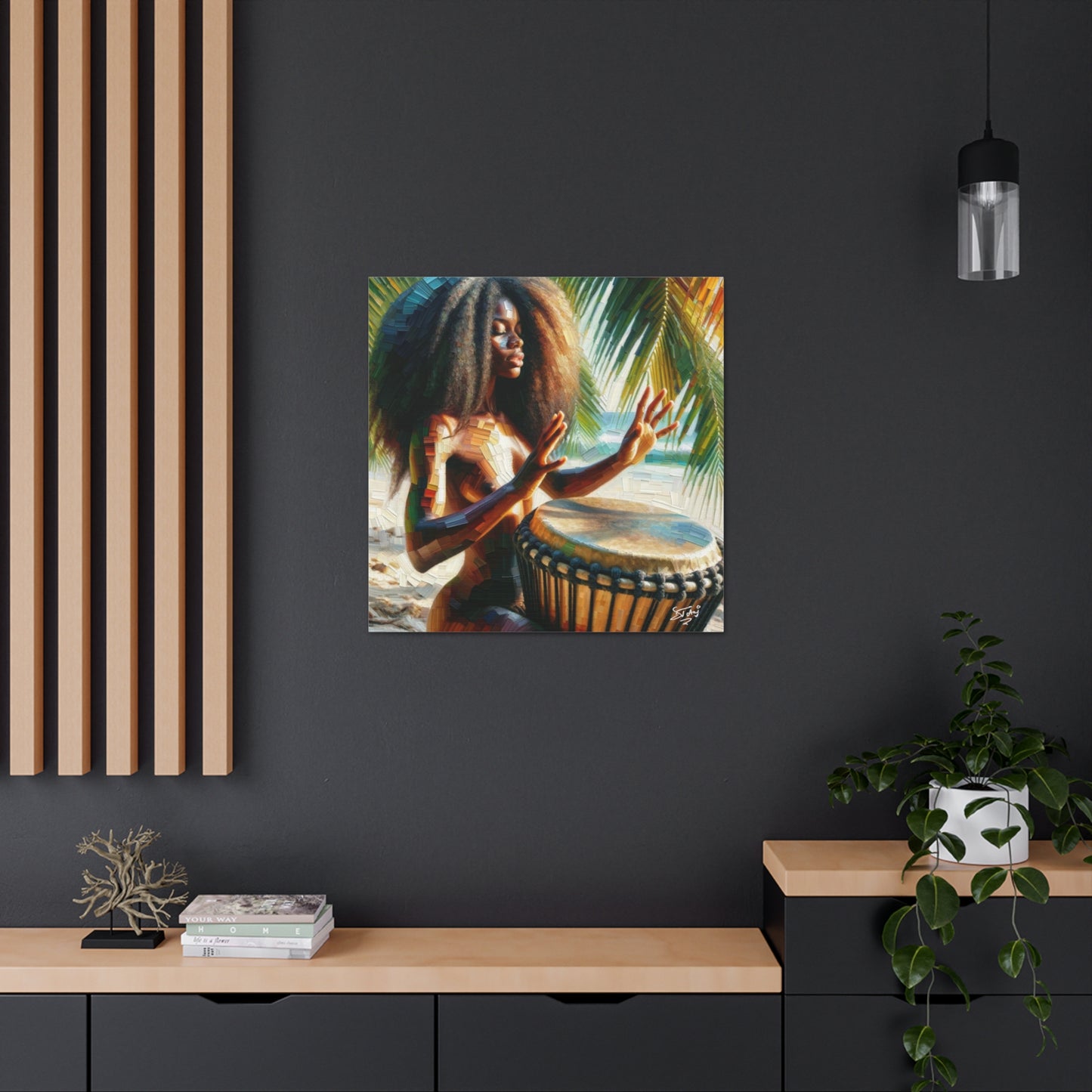 Art Print, Afro-Caribbean Woman, "Drumming" Oil Finish, West Indian Ethnicity, Cultural, Heritage, Abstract, Canvas Gallery Wrap