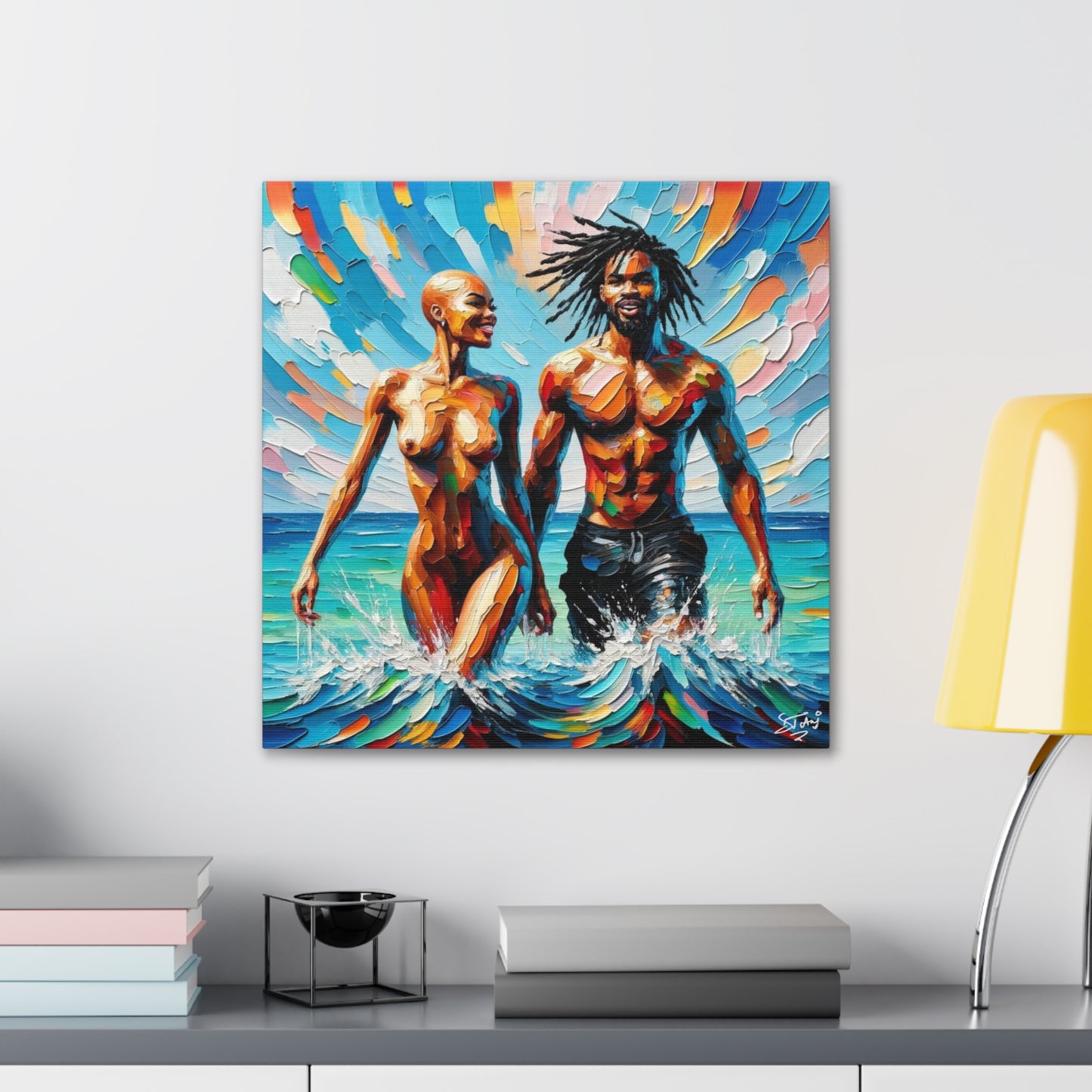 Art Print, Afro-Caribbean Couple in the Ocean, Oil Finish, West Indian Ethnicity, Cultural, Heritage, Semi-Abstract, Canvas Gallery Wrap