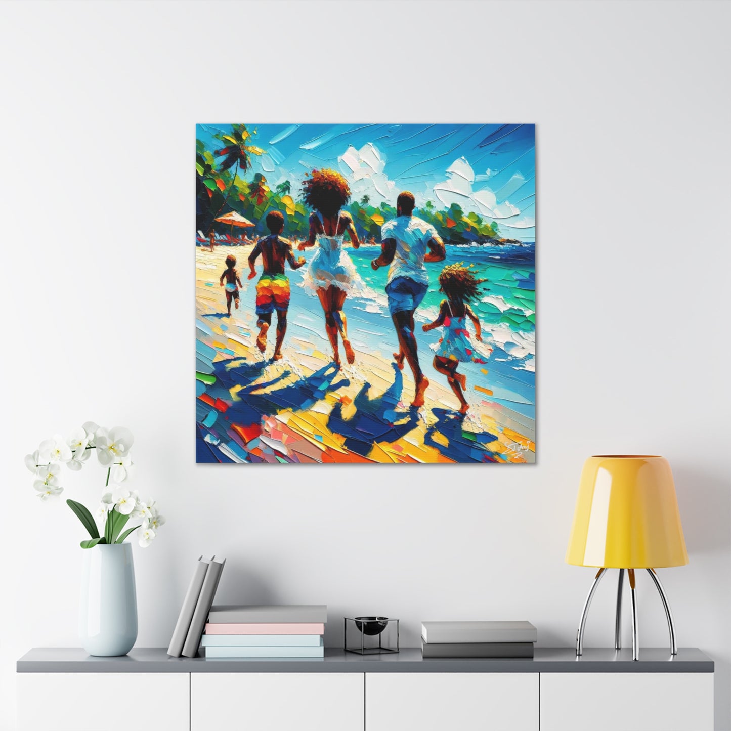 Art Print, Afro-Caribbean Family "Running on the Beach," Oil Finish, West Indian Ethnicity, Cultural, Heritage, Semi-Abstract, Canvas Gallery Wrap