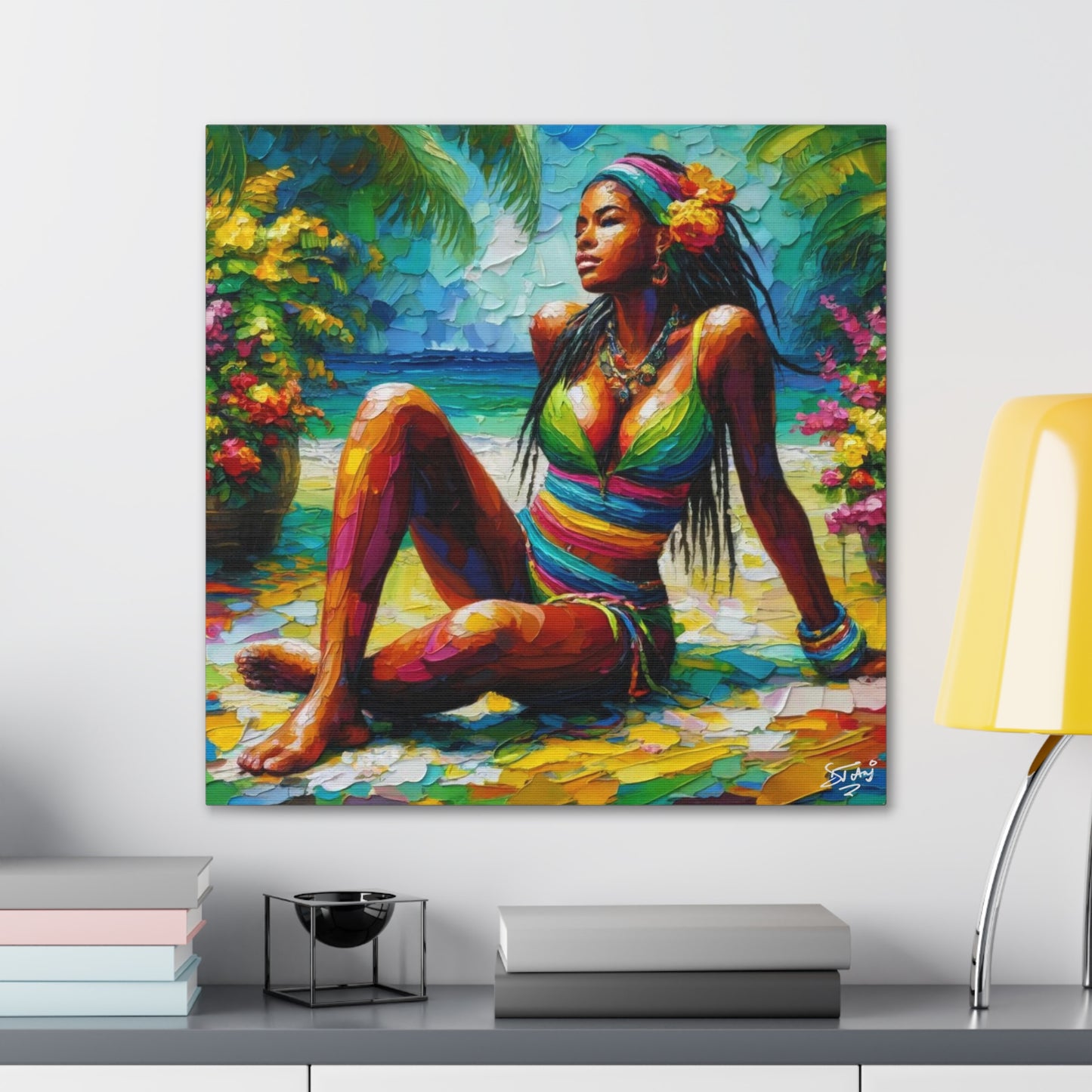 Art Print, Caribbean Woman, "Relaxing" Oil Finish, West Indian Ethnicity, Cultural, Heritage, Abstract, Canvas Gallery Wrap