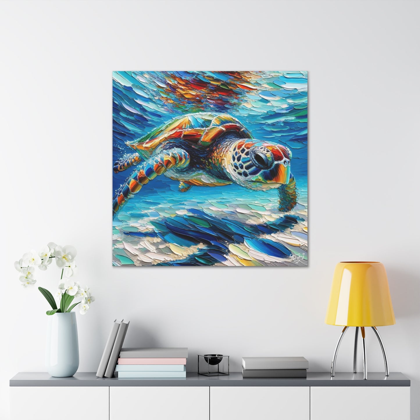 Art Print, Turtle in Reef, Oil Finish, Caribbean Nature, Cultural, Heritage, Semi-Abstract, Canvas Gallery Wrap