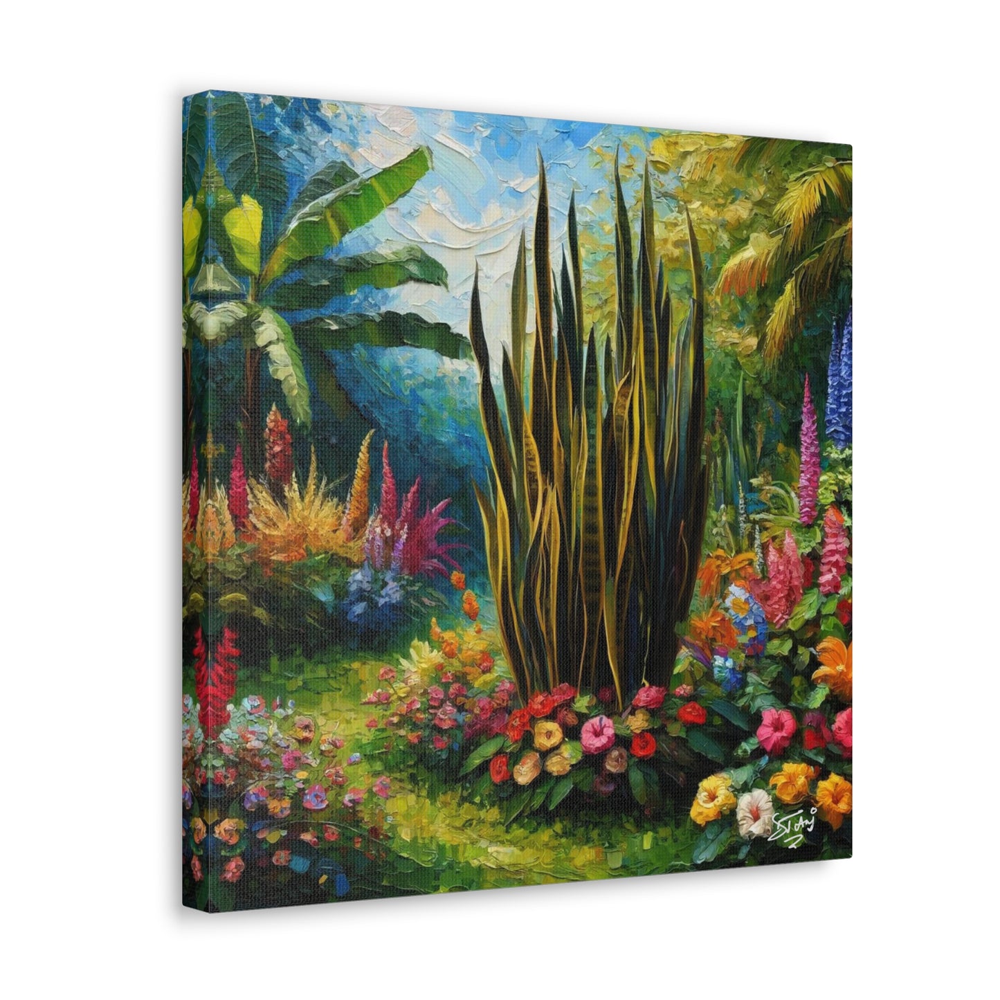 Art Print of Snake Plant in Tropical Flower Garden, Oil Finish, West Indian Art, Canvas Gallery Wraps