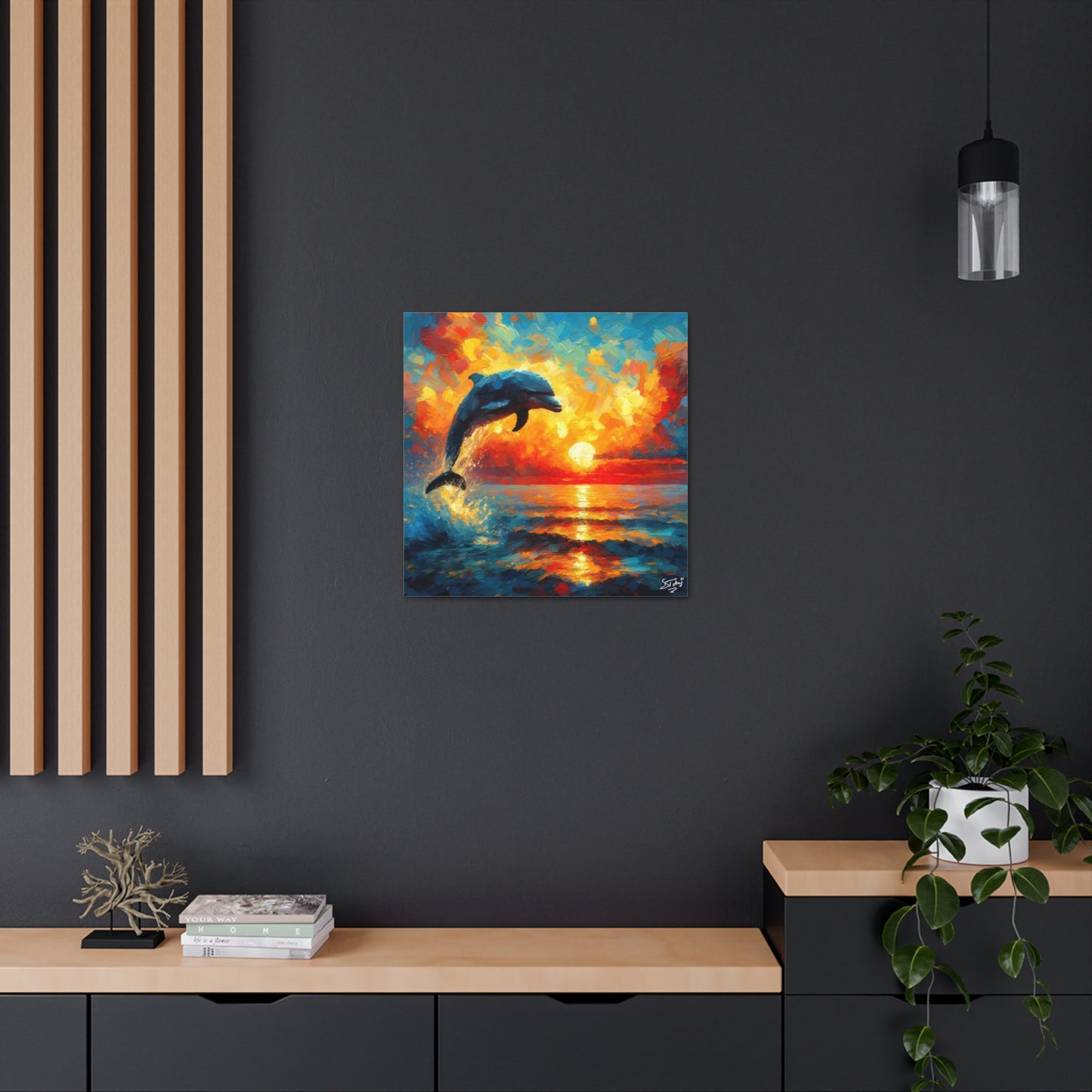 Art Print, Dolphin at Sunset, Oil Finish, Caribbean Nature, Canvas Gallery Wrap