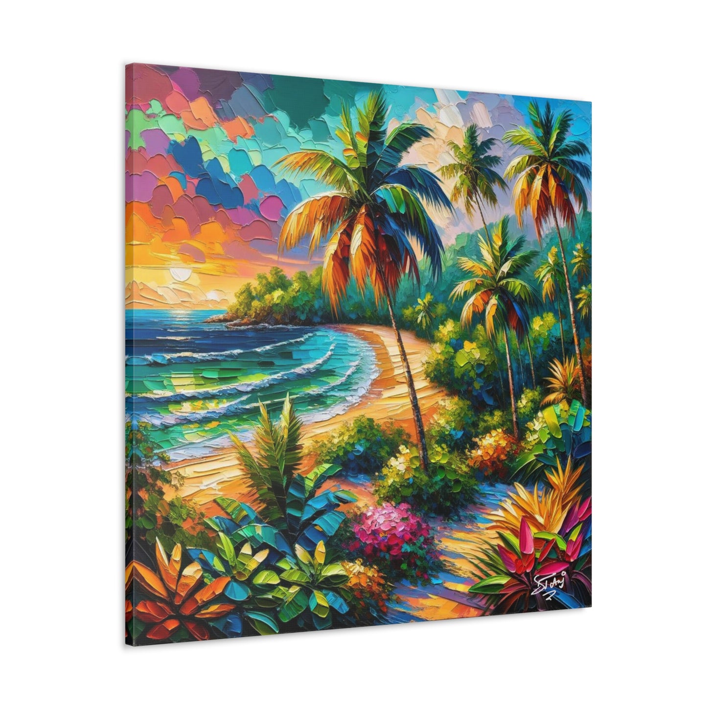 Art Print of Caribbean Beach Sunset, Semi-Abstract, Oil Painting, West Indian Art, Canvas Gallery Wraps