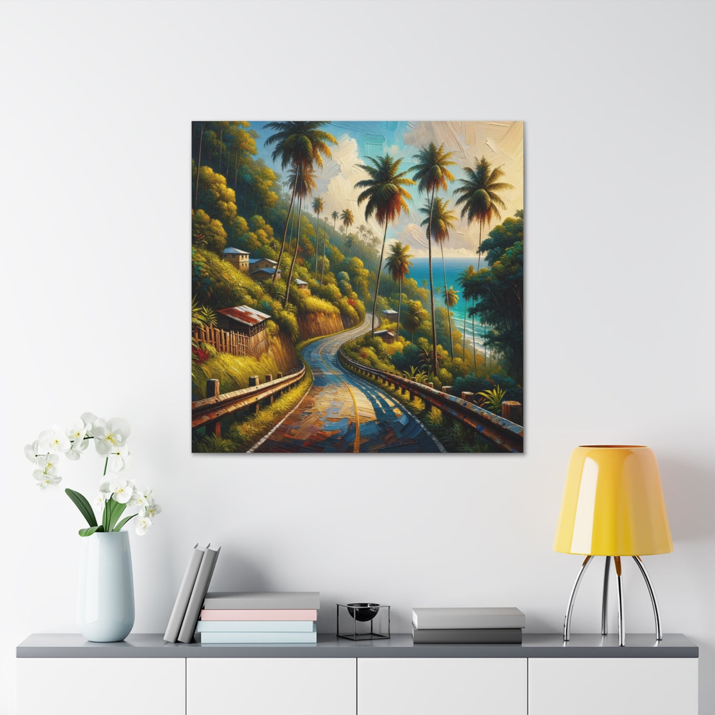 Art Print#2 of Tranquil Countryside Road in Tobago, Oil Finish. Scenic Island, Caribbean, West Indian Art, Canvas Gallery Wraps