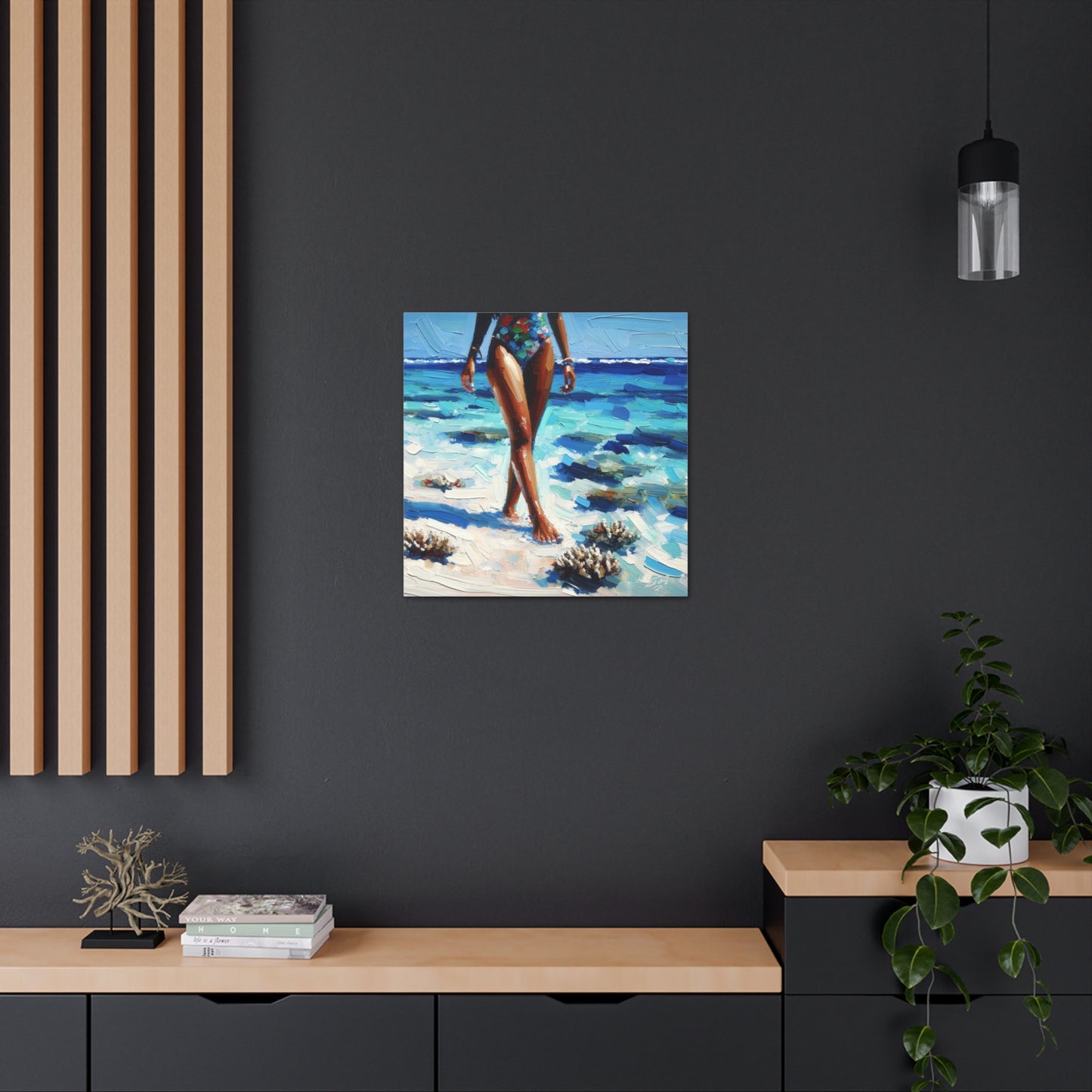 Art Print, Caribbean Woman, "Strolling on the Beach" Oil Finish, West Indian Ethnicity, Cultural, Heritage, Abstract, Canvas Gallery Wrap