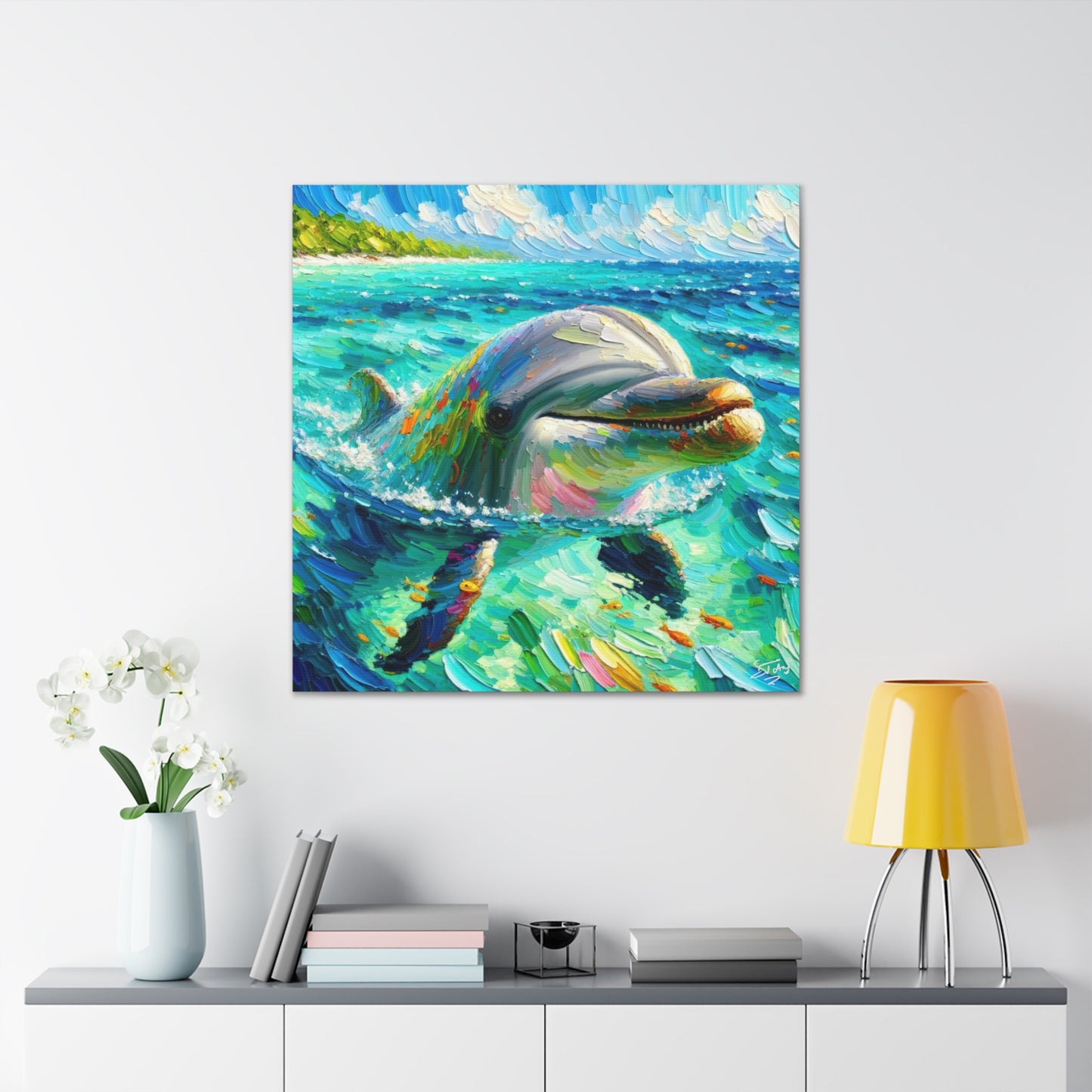 Art Print, Dolphin in Caribbean Sea, Oil Finish, Caribbean Nature, Canvas Gallery Wrap