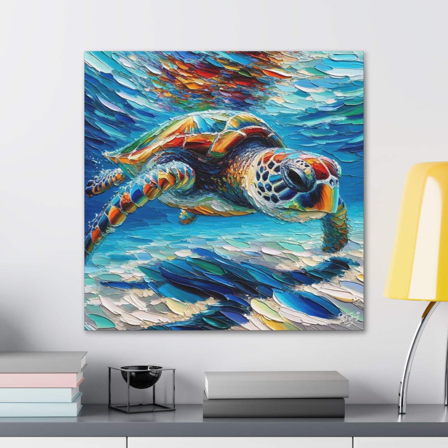 Art Print, Turtle in Reef, Oil Finish, Caribbean Nature, Cultural, Heritage, Semi-Abstract, Canvas Gallery Wrap