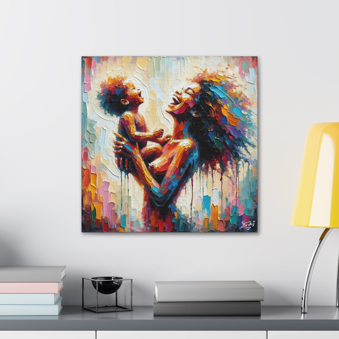 Art Print, Afro-Caribbean Woman & Child, Oil Finish, West Indian Ethnicity, Cultural, Heritage, Semi-Abstract, Canvas Gallery Wrap