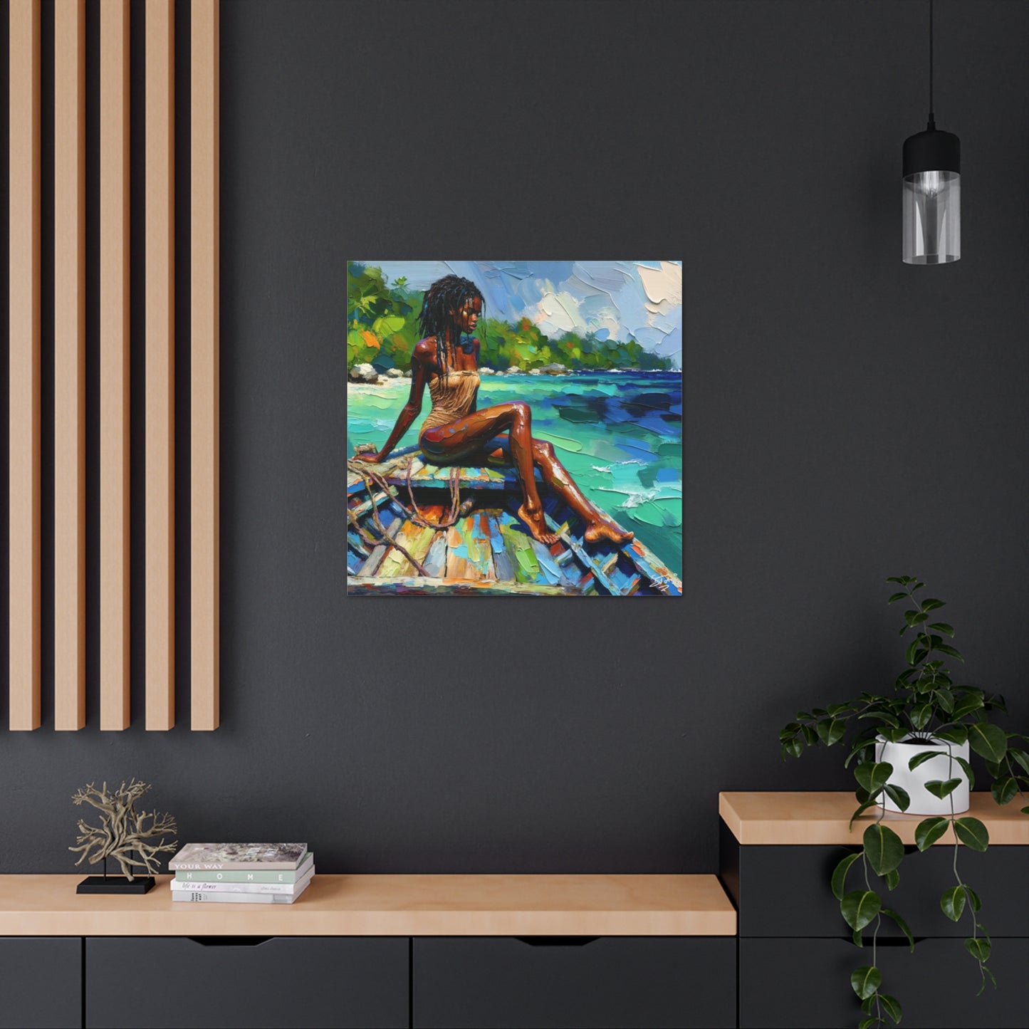 Art Print, Caribbean Woman "Chilling in the Boat" Oil Finish, West Indian Ethnicity, Cultural, Heritage, Semi-Abstract, Canvas Gallery Wrap