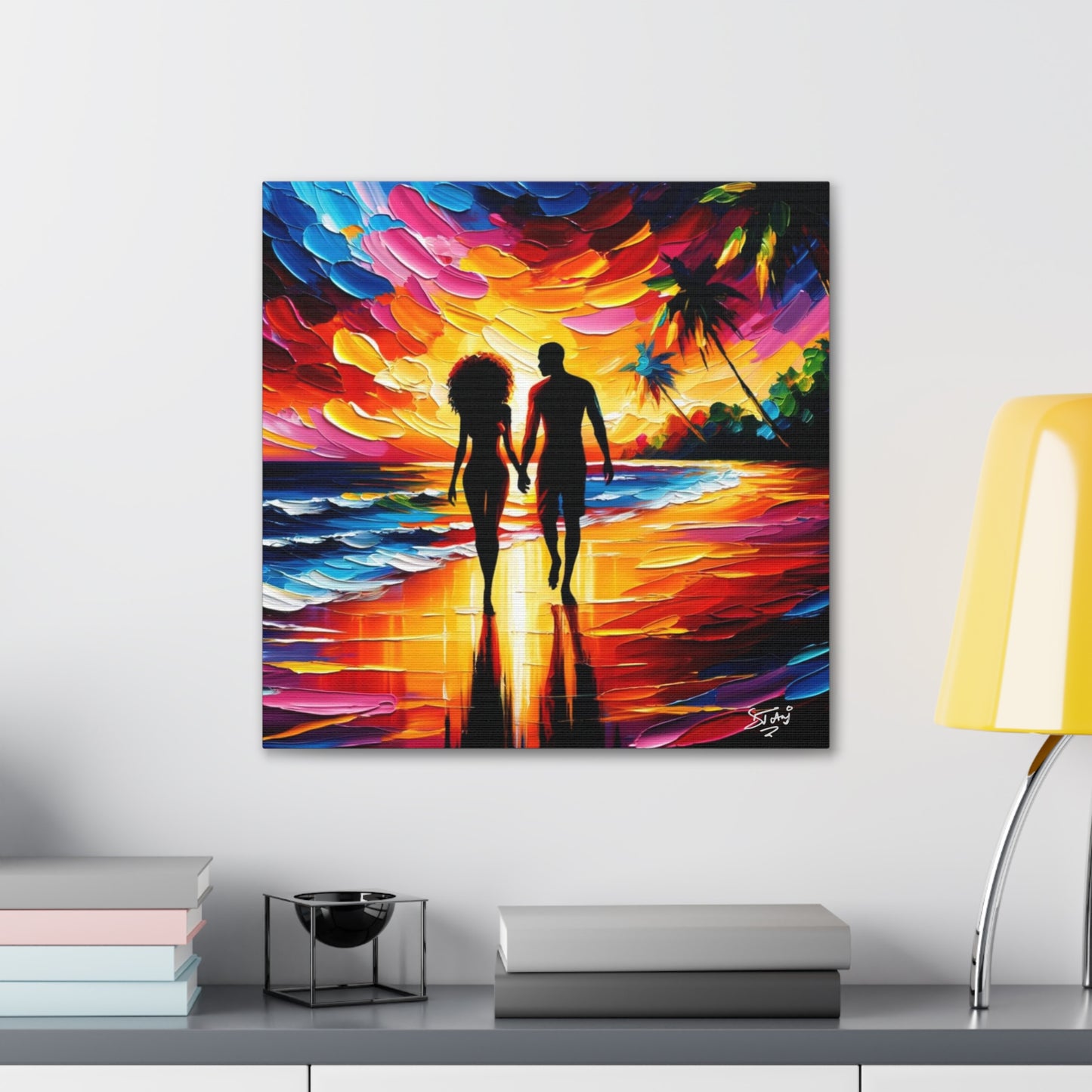 Art Print, Caribbean Couple, "Walking on the Beach" Semi-Abstract Oil Finish, West Indian Ethnicity, Cultural, Heritage, Abstract, Canvas Gallery Wrap