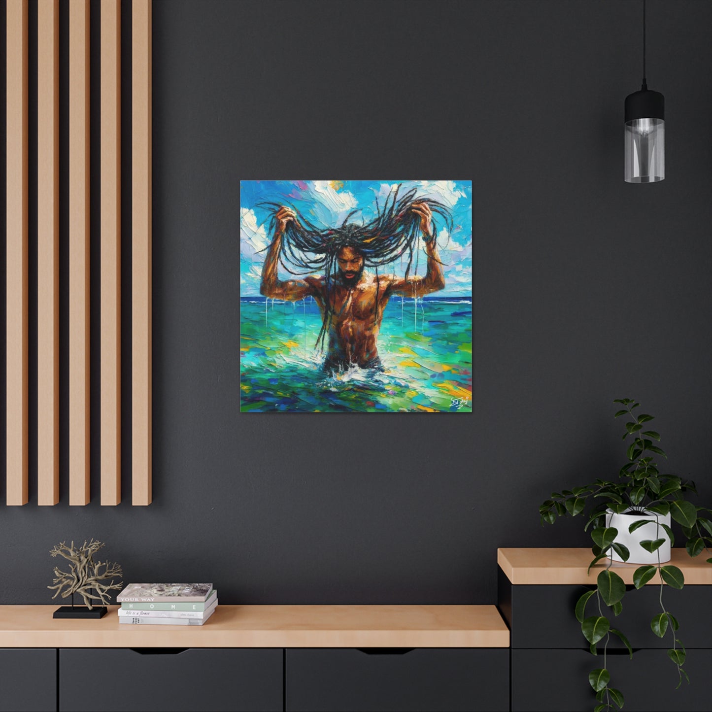 Art Print, Afro-Caribbean Man "Chilling in the Ocean" Oil Finish, West Indian Ethnicity, Cultural, Heritage, Semi-Abstract, Canvas Gallery Wrap