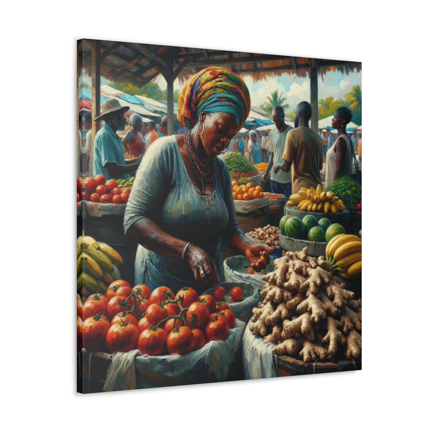 Art Print#5, "Selling at the Market", Market Scene in Trinidad, Caribbean, Oil Finish, West Indian Art, Canvas Gallery Wraps