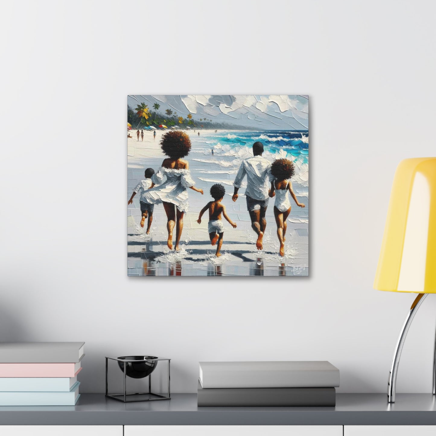 Art Print, Afro-Caribbean Family on the Beach, Oil Finish, West Indian Ethnicity, Cultural, Heritage, Semi-Abstract, Canvas Gallery Wrap