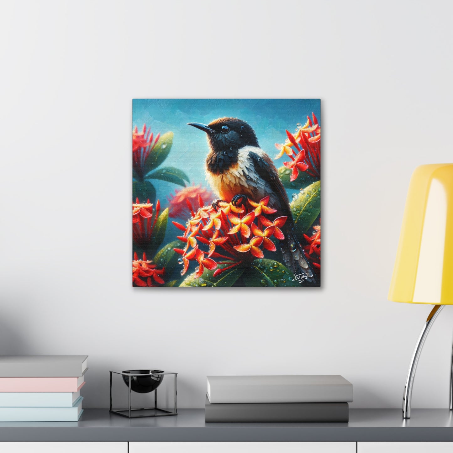 Print of Redstart Perched on Ixora Flower, Oil Paint Finish, Caribbean, Tropical, Canvas Gallery Wraps