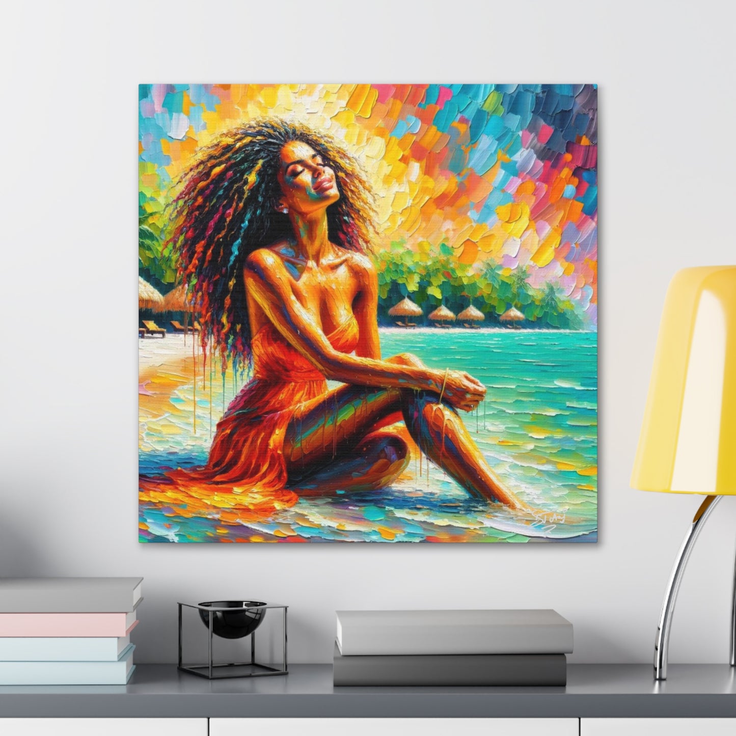 Art Print, Indo-Caribbean Woman, "Chilling on the Beach" Oil Finish, West Indian Ethnicity, Cultural, Heritage, Abstract, Canvas Gallery Wrap