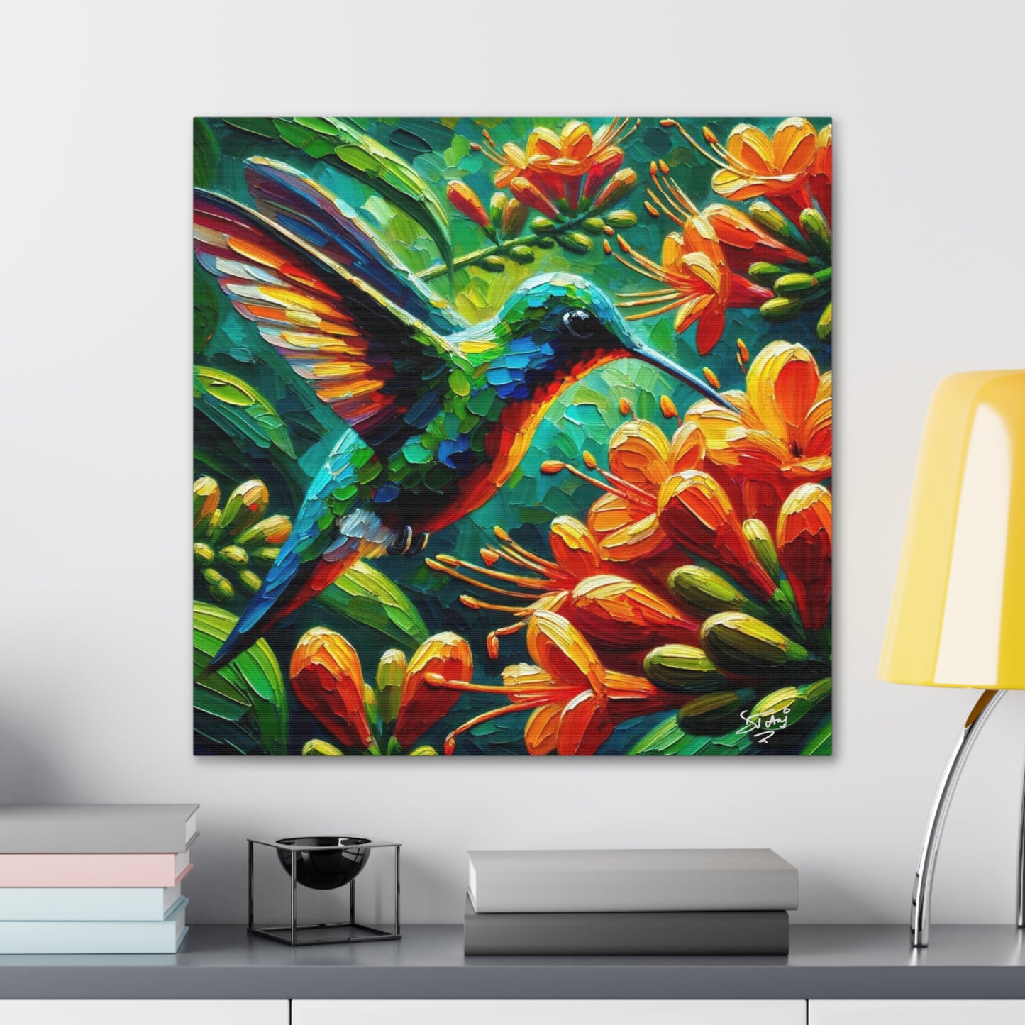 Art Print, Hummingbird, Caribbean Birds, Abstract Oil Finish, Caribbean Nature, Cultural, Heritage, Canvas Gallery Wrap