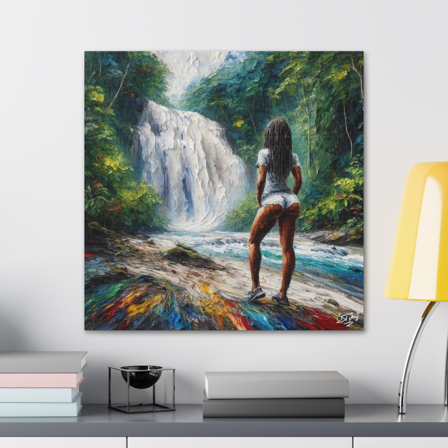 Art Print, Dougla Woman "Chilling at the Waterfall" Oil Finish, West Indian Ethnicity, Cultural, Heritage, Semi-Abstract, Canvas Gallery Wrap