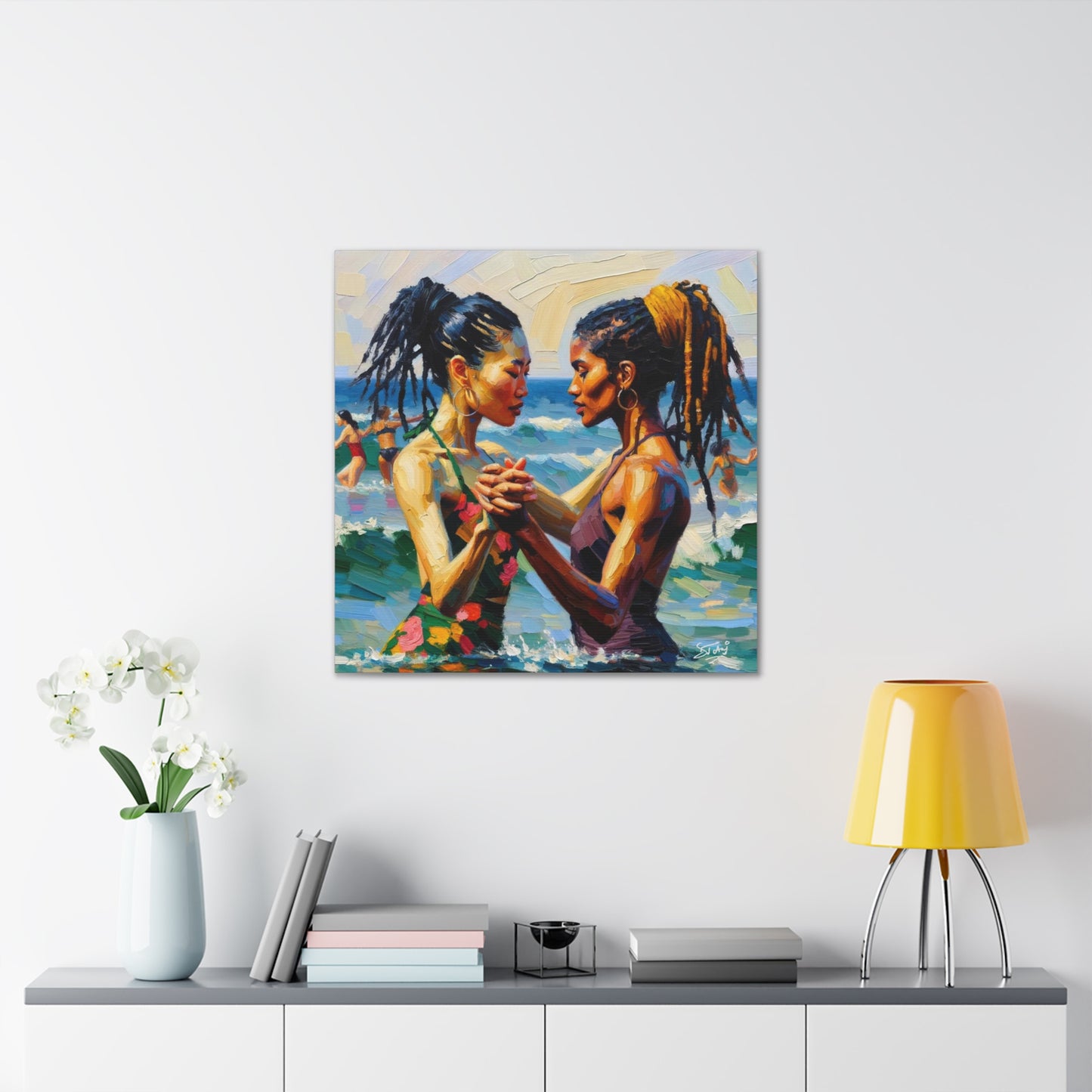 Art Print, Caribbean Couple, "In Our World" Semi-Abstract Oil Finish, West Indian Ethnicity, Cultural, Heritage, Canvas Gallery Wrap