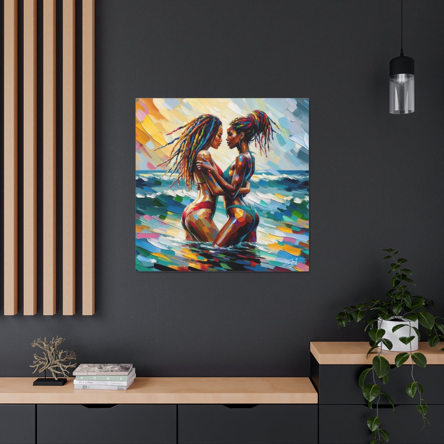 Art Print, Caribbean Couple, "In Our World" Semi-Abstract Oil Finish, West Indian Ethnicity, Cultural, Heritage, Abstract, Canvas Gallery Wrap