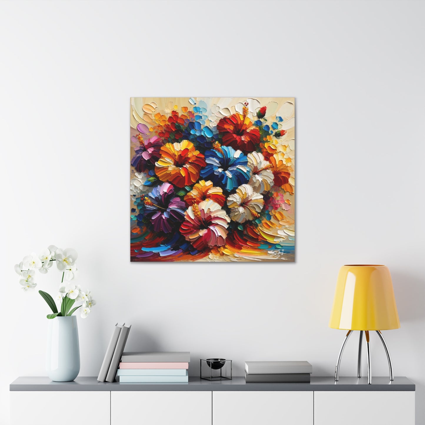 Print#2 of Hibiscus Flower Arrangement, Semi-abstract, Oil Paint finish, Caribbean, Tropical, Canvas Gallery Wraps