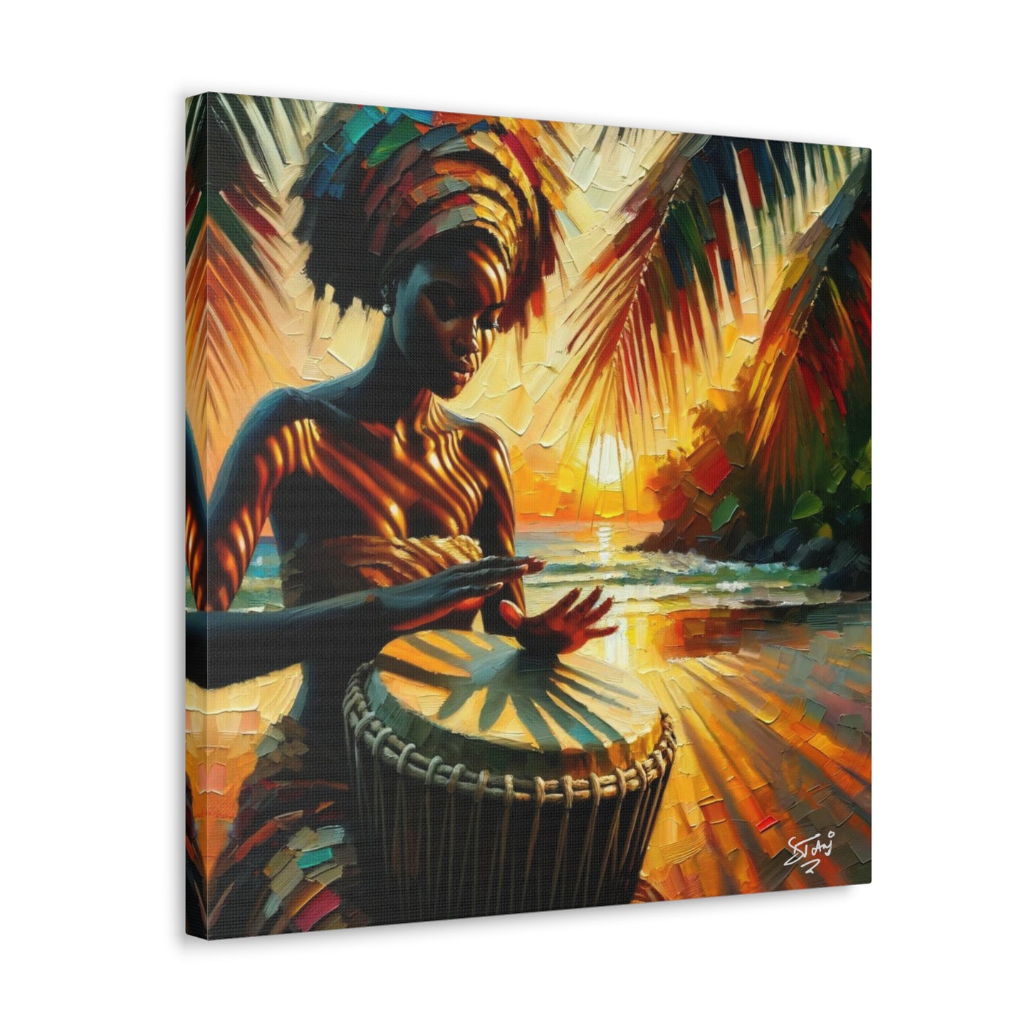 Art Print, Afro-Caribbean Woman, "Drumming" Oil Finish, West Indian Ethnicity, Cultural, Heritage, Abstract, Canvas Gallery Wrap