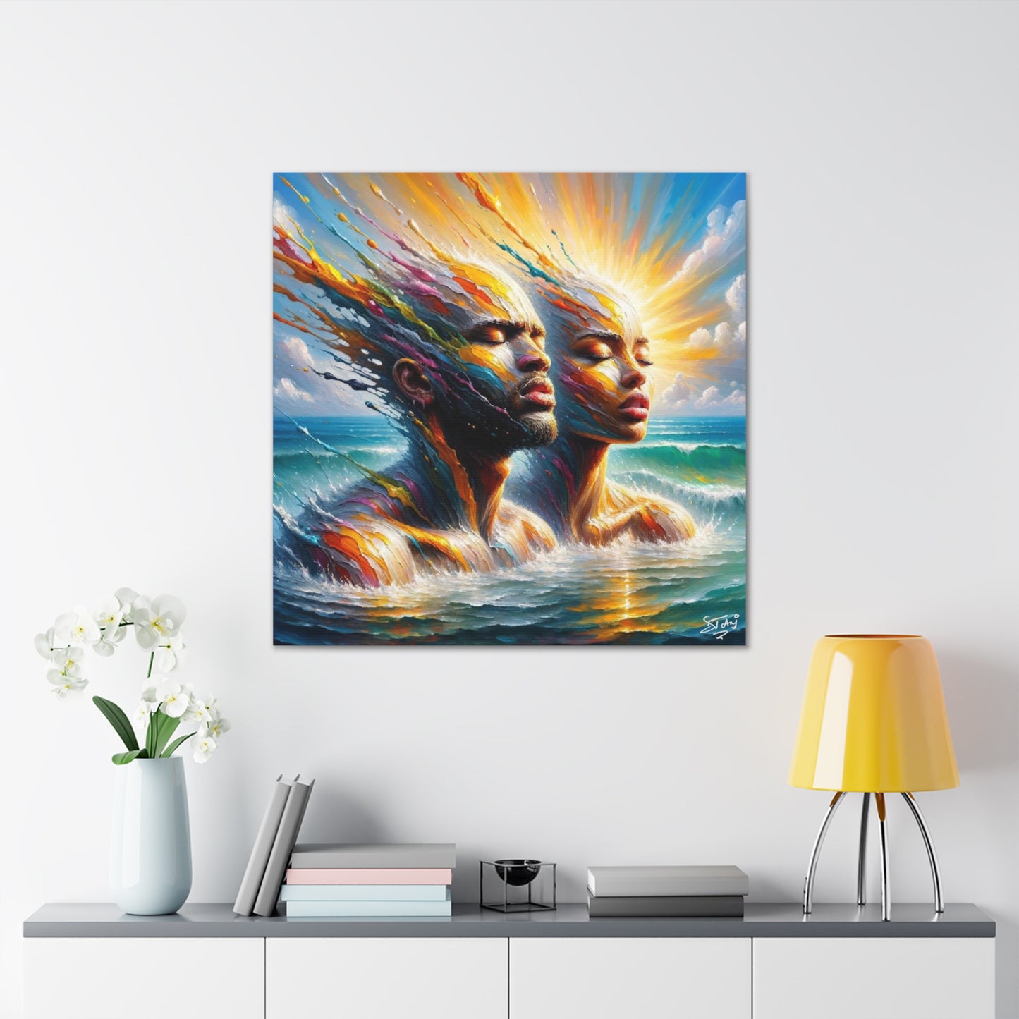 Art Print, Afro-Caribbean Couple "Heatwave," Oil Finish, West Indian Ethnicity, Cultural, Heritage, Semi-Abstract, Canvas Gallery Wrap