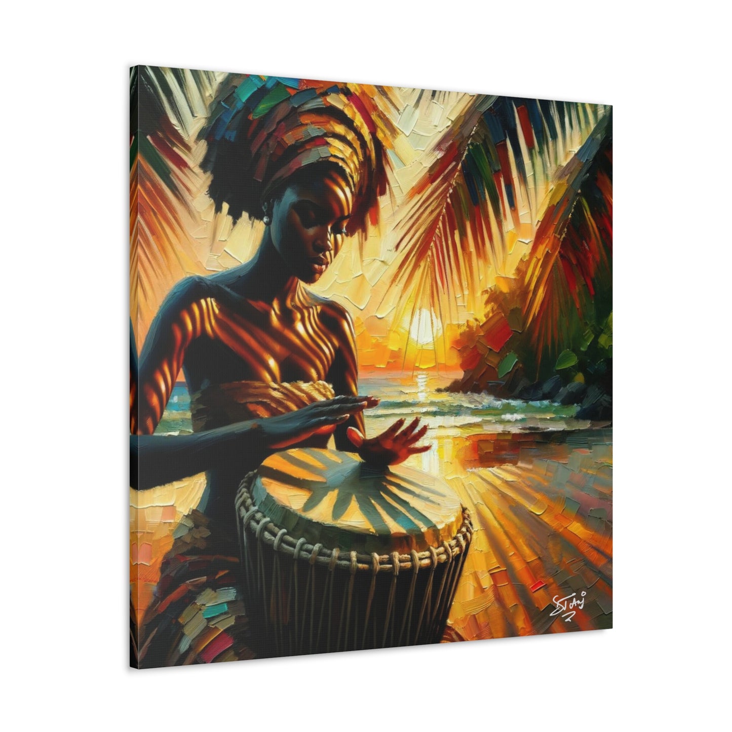 Art Print, Afro-Caribbean Woman, "Drumming" Oil Finish, West Indian Ethnicity, Cultural, Heritage, Abstract, Canvas Gallery Wrap