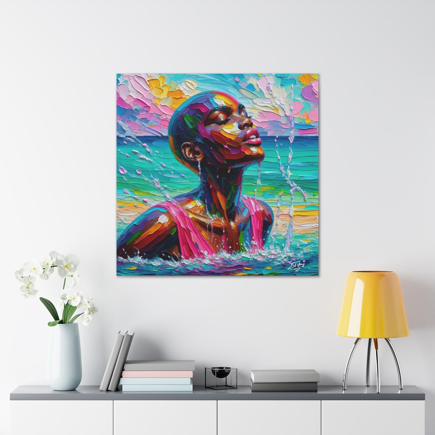 Art Print, Afro-Caribbean Woman, "Sea Bath" Abstract, Oil Finish, West Indian Ethnicity, Cultural, Heritage, Abstract, Canvas Gallery Wrap