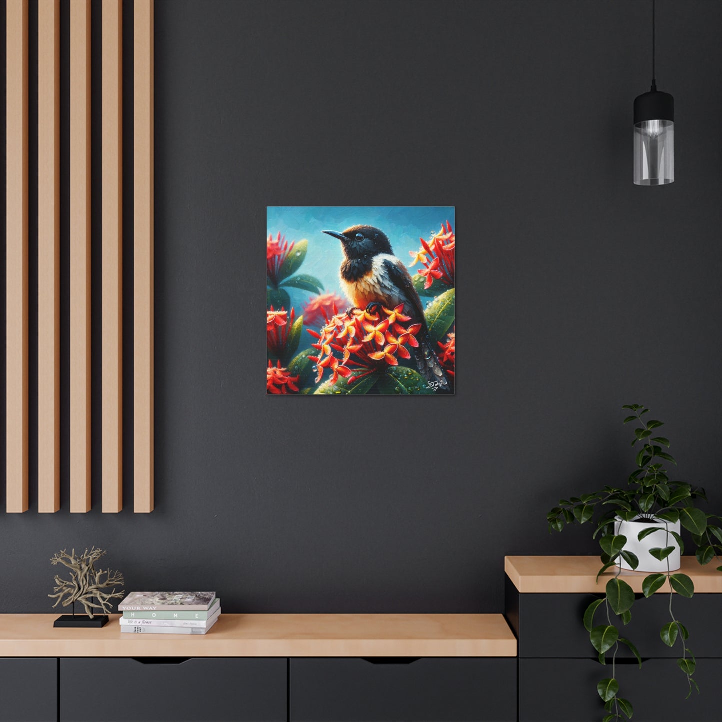 Print of Redstart Perched on Ixora Flower, Oil Paint Finish, Caribbean, Tropical, Canvas Gallery Wraps